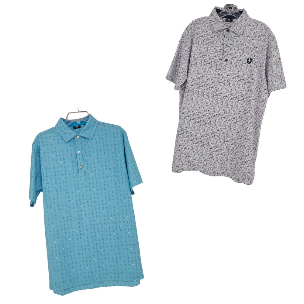FootJoy Polo Shirts Lot of 2‎ M Blue White AOP Cocktail Golf Print Performance